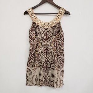 Free People Womens Tiki Mini Dress Size 4 Brown Crochet Beaded Neck Floral Boho
